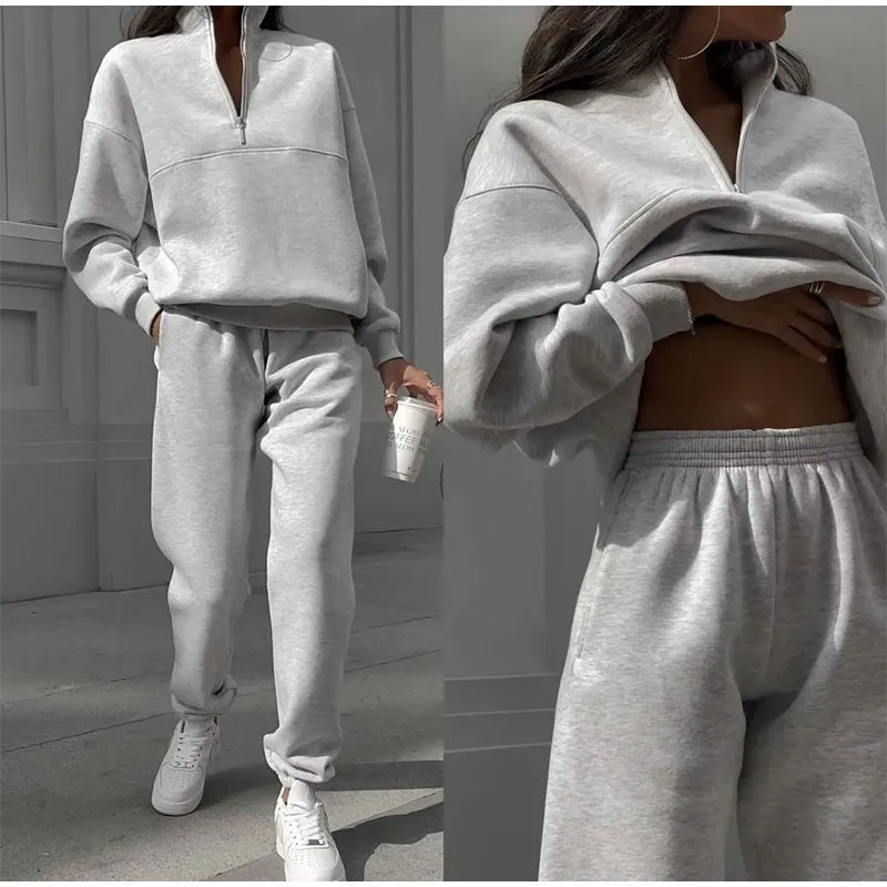 Women's half-zip loungewear set with joggers in light grey