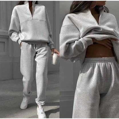 Women's half-zip loungewear set with joggers in light grey