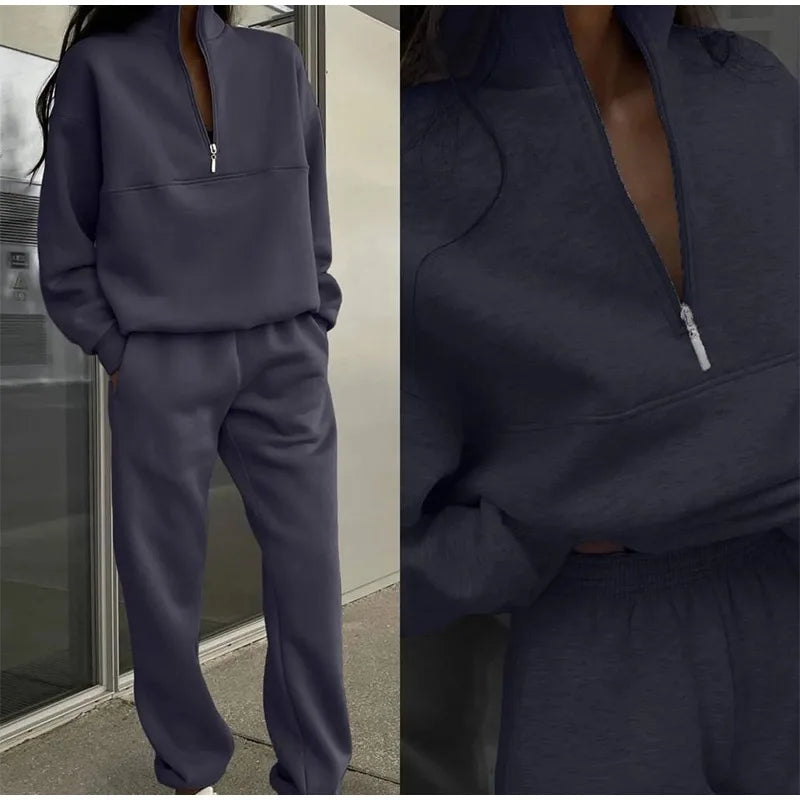 Women's half-zip loungewear set with joggers in navy blue