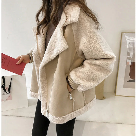 Women's oversized colorblock teddy jacket with high collar in Beige