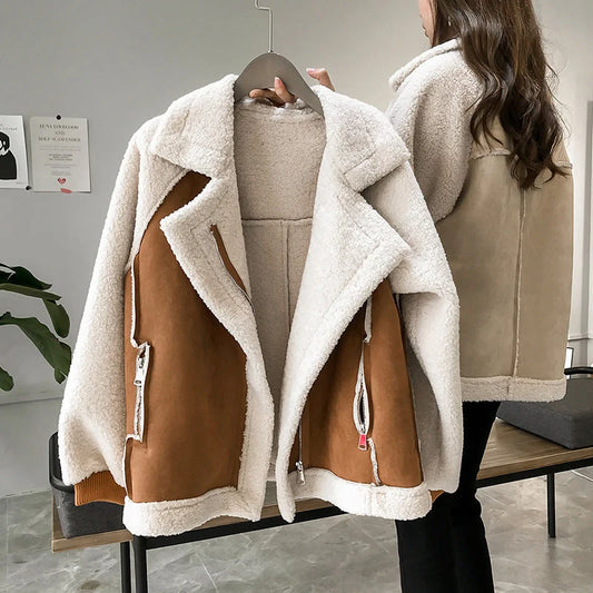Women's oversized colorblock teddy jacket with high collar in Brown