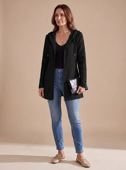 Harper longline hooded fleece coat with cable-knit panel in black, front view on model
