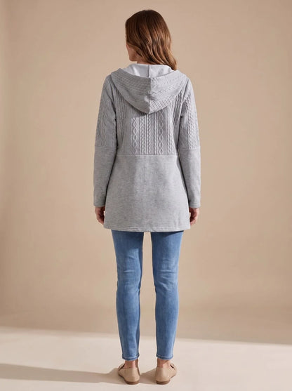 Harper longline hooded fleece coat with cable-knit panel in gray, back view with hood on model