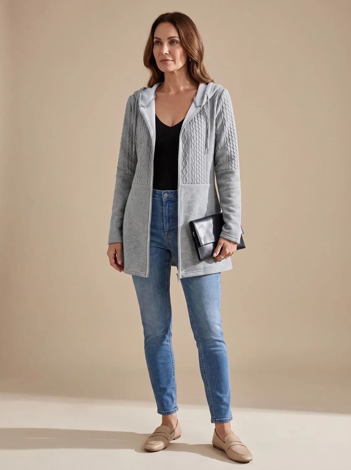 Harper longline hooded fleece coat with cable-knit panel in gray, front view on model