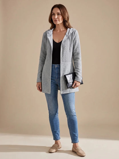 Harper longline hooded fleece coat with cable-knit panel in gray, front view on model