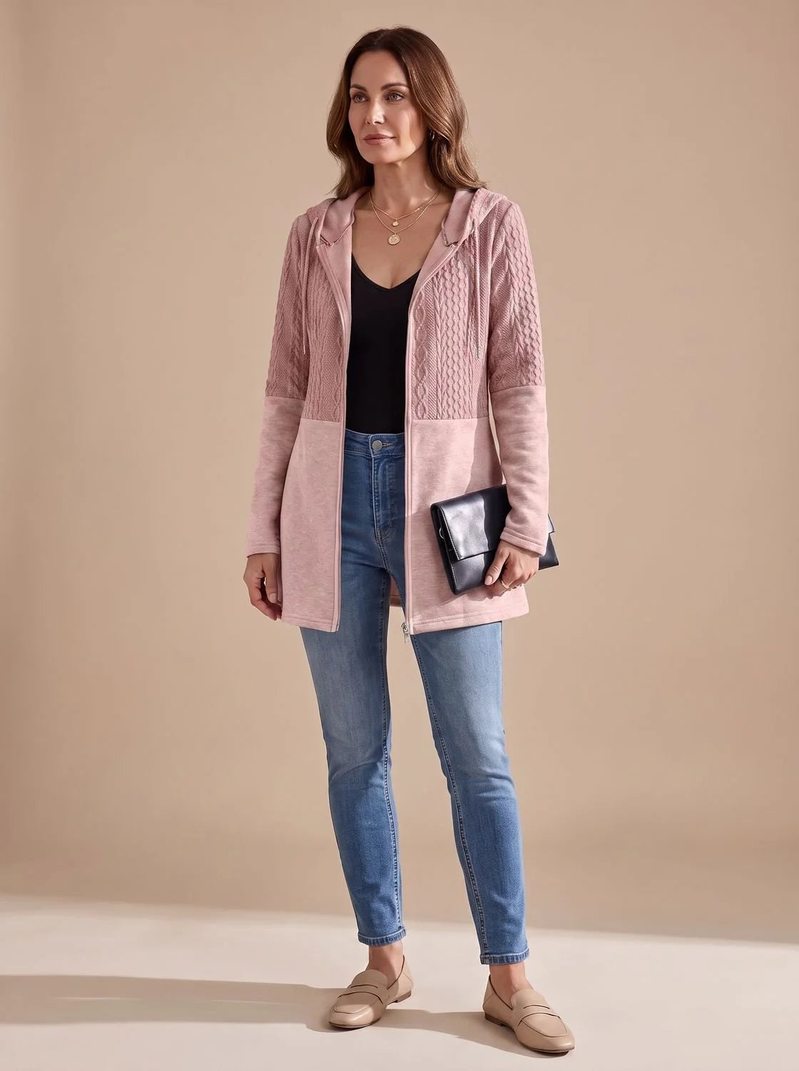 Harper longline hooded fleece coat with cable-knit panel in pink, front view on model