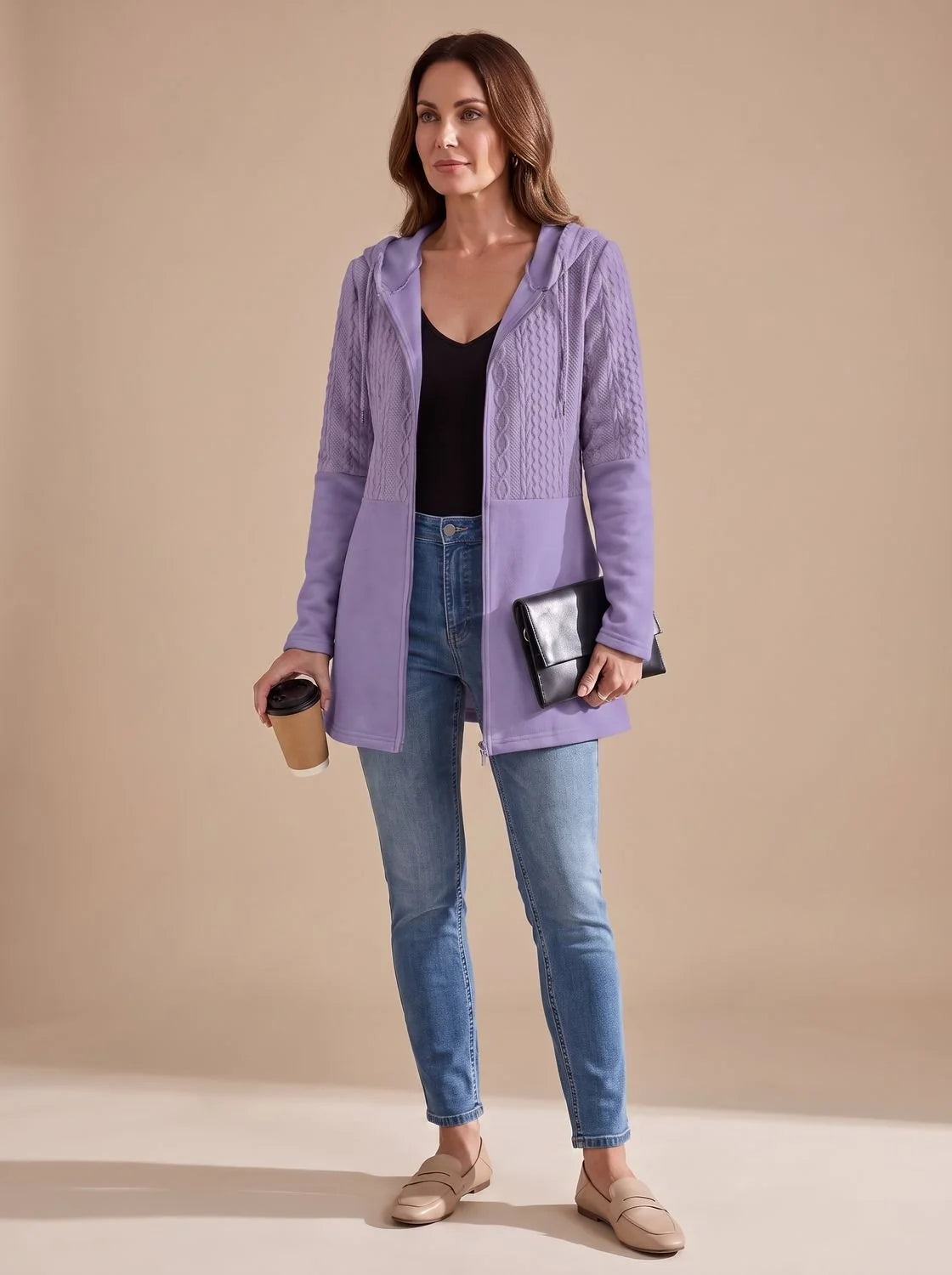 Harper longline hooded fleece coat with cable-knit panel in purple, front view on model