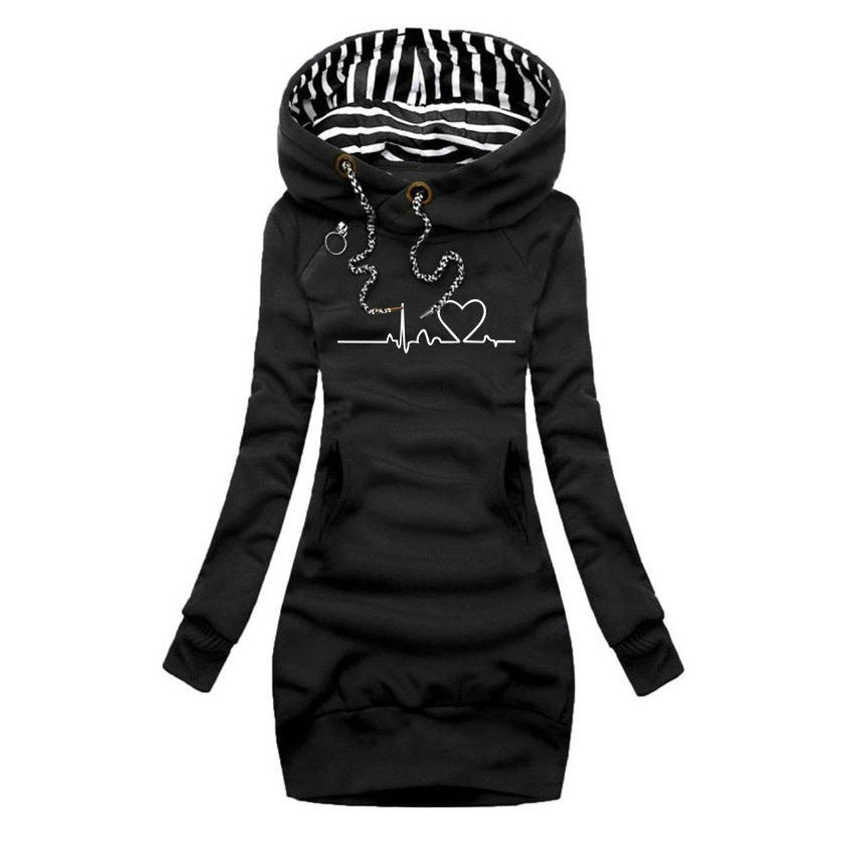 Women's hooded sweatshirt dress with heartbeat print in black