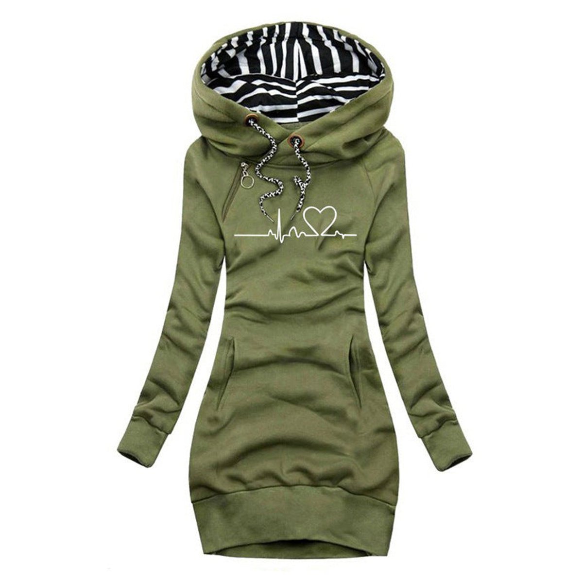 Women's hooded sweatshirt dress with heartbeat print in green