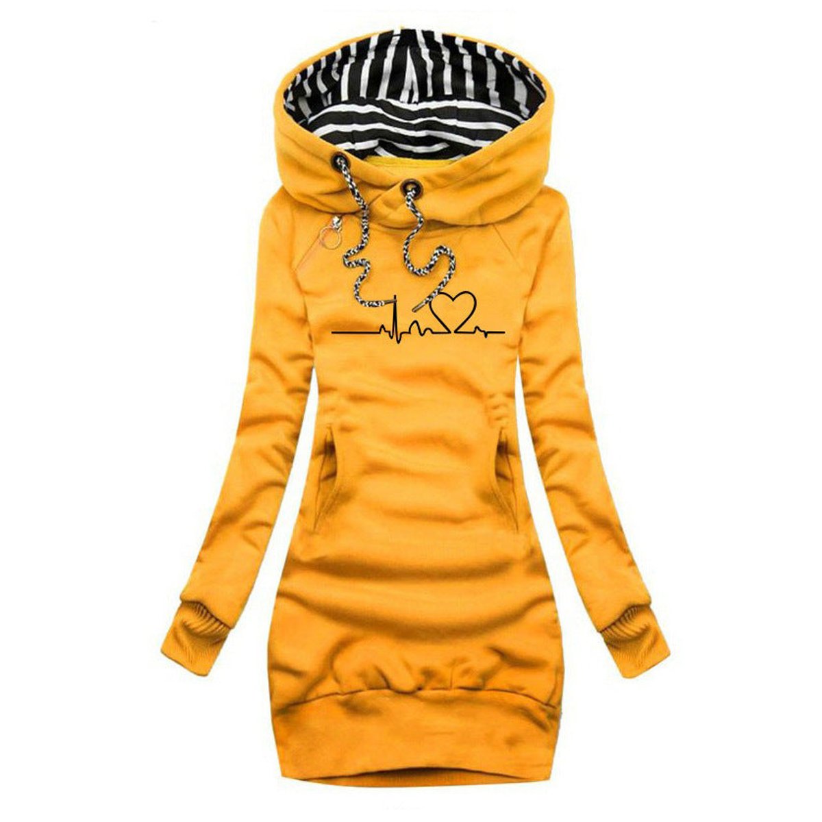 Women's hooded sweatshirt dress with heartbeat print in yellow