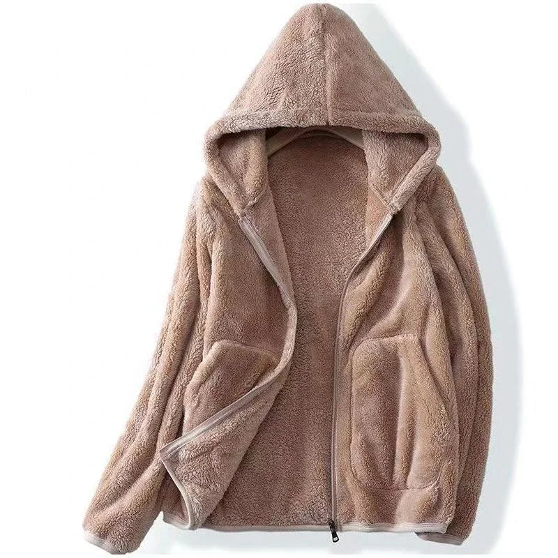 Women's hooded teddy jacket with zip front in beige