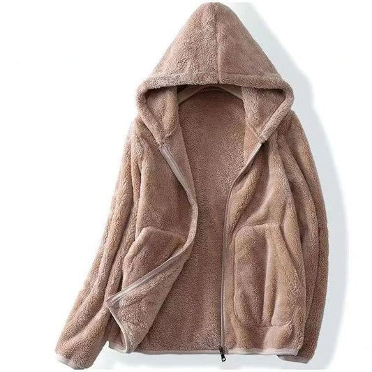Women's hooded teddy jacket with zip front in beige