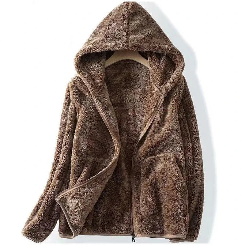 Women's hooded teddy jacket with zip front in brown