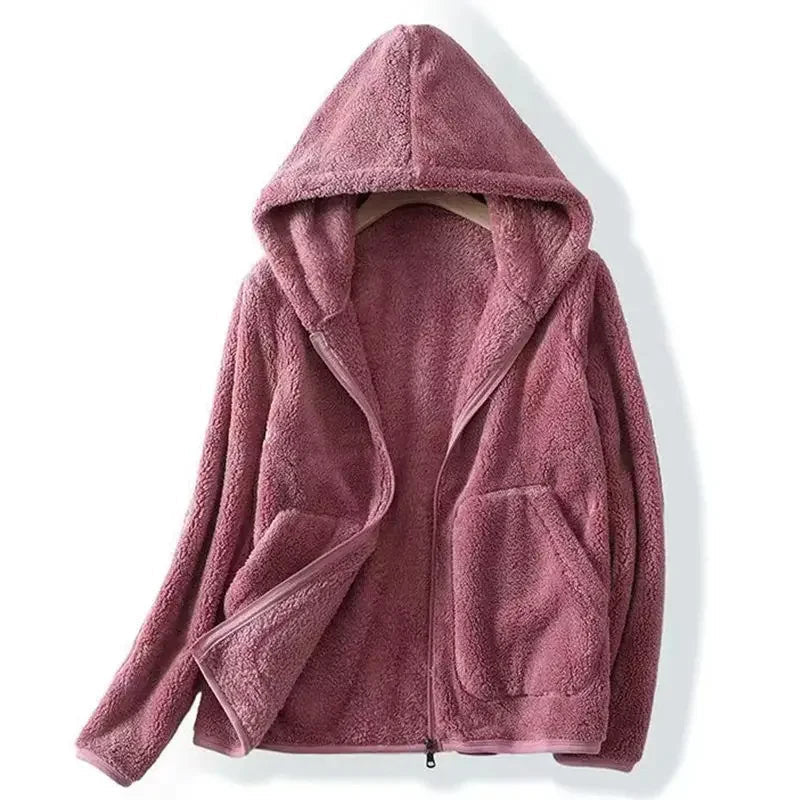 Women's hooded teddy jacket with zip front in pink