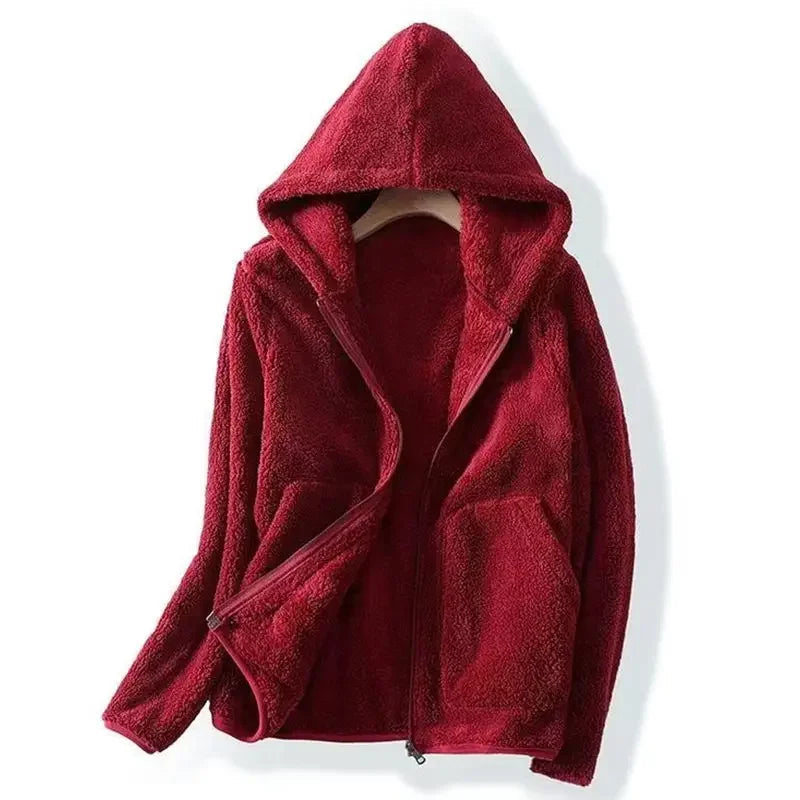 Women's hooded teddy jacket with zip front in red