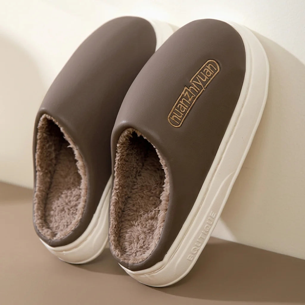 Women's plush-lined platform clog slippers in Brown
