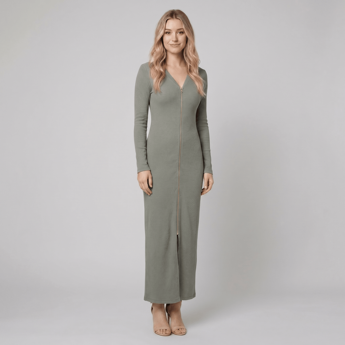 Jenny knit maxi dress with zip front in gray-green, front view on model