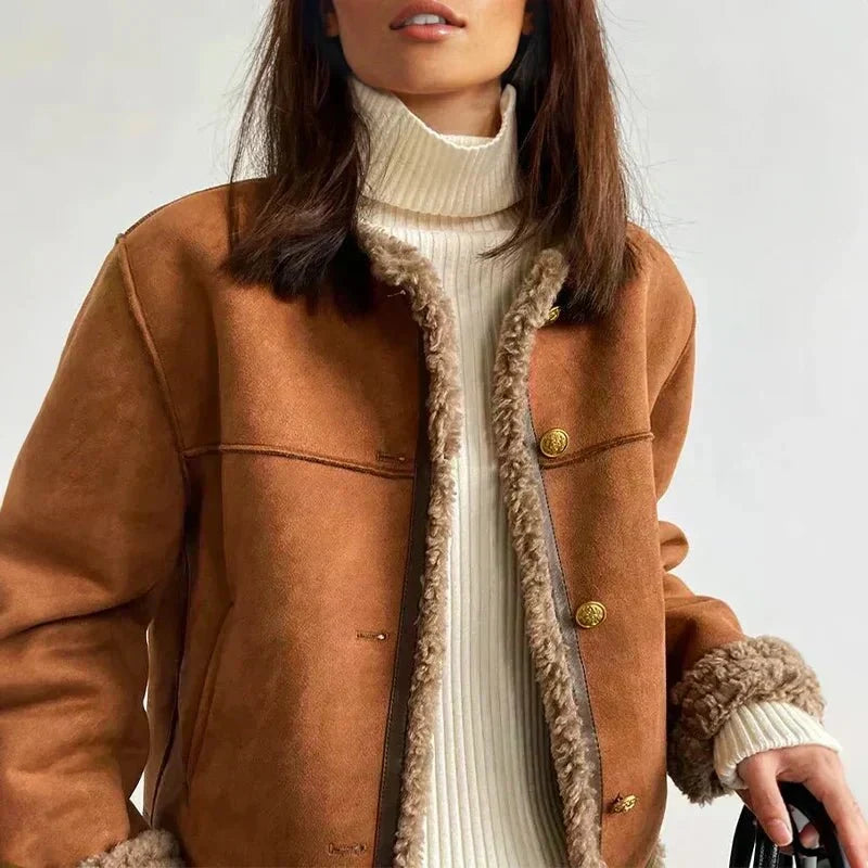 Women's oversized shearling-effect jacket with sherpa lining, additional photo