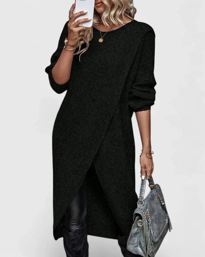 Layla knit sweater dress with asymmetric hem in black, second front view on model