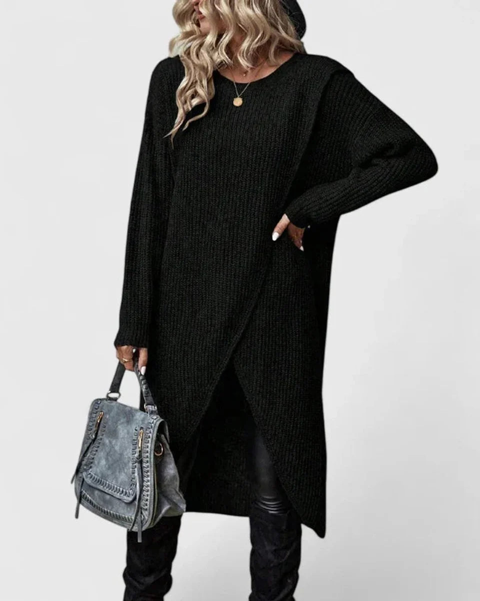 Layla knit sweater dress with asymmetric hem in black, front view on model
