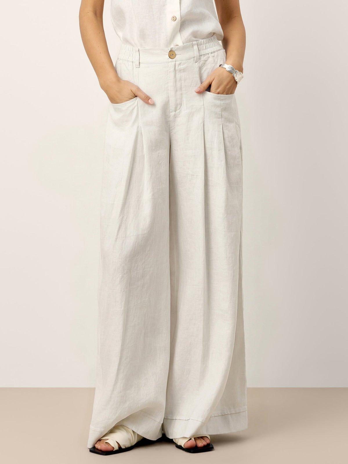 Lina Linen Pants in Optic White, front view