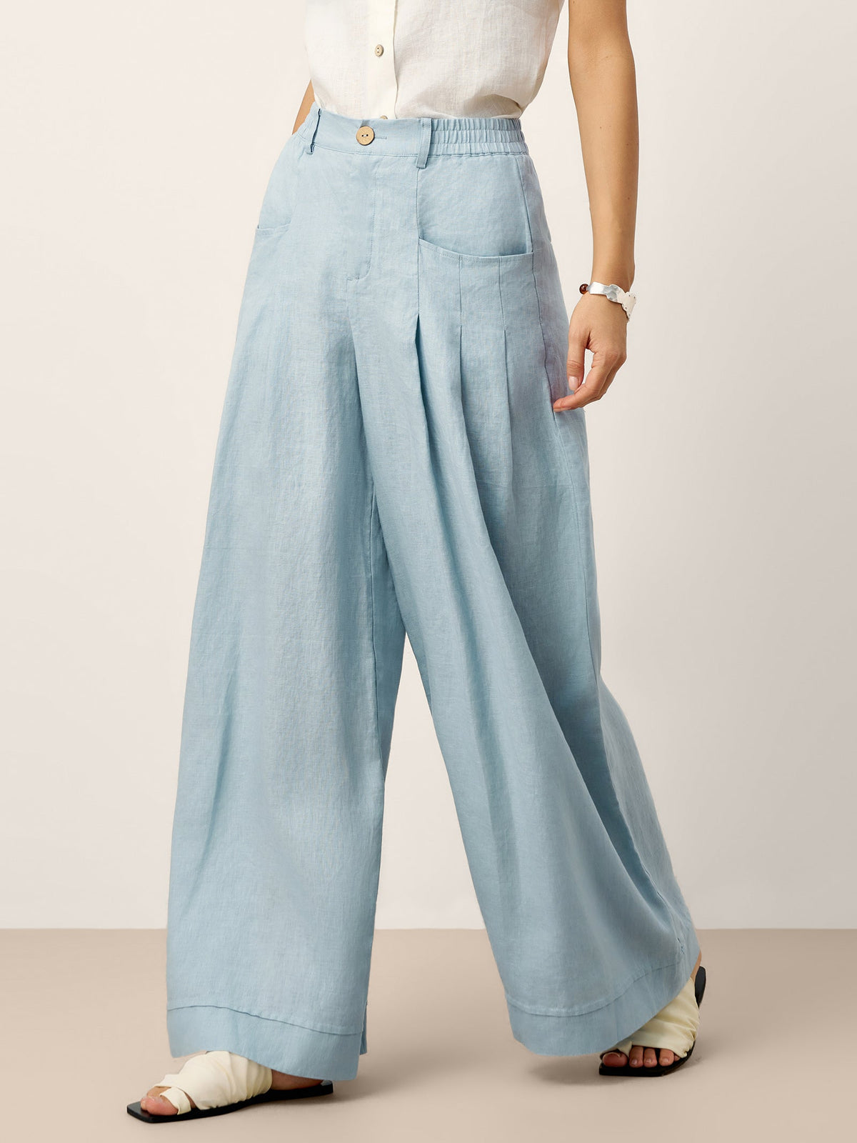 Lina Linen Pants in Sky Blue, side view