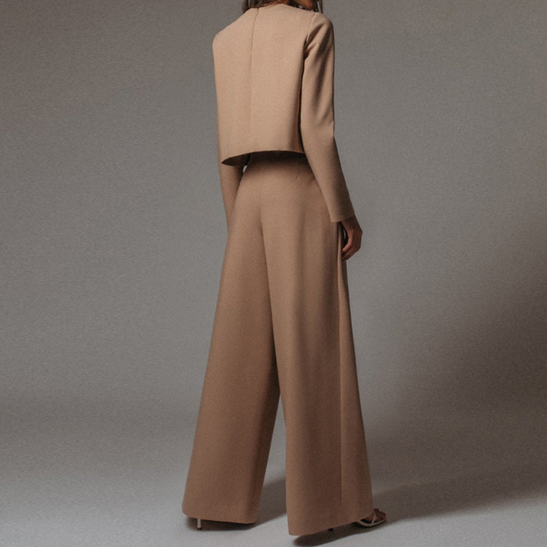 Women's palazzo trouser set in khaki, back view
