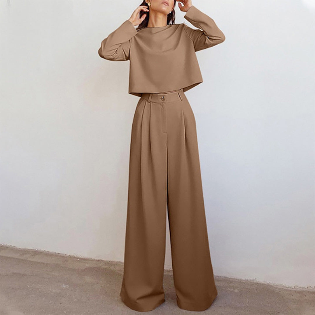 Women's palazzo trouser set with long-sleeve crew neck top in khaki