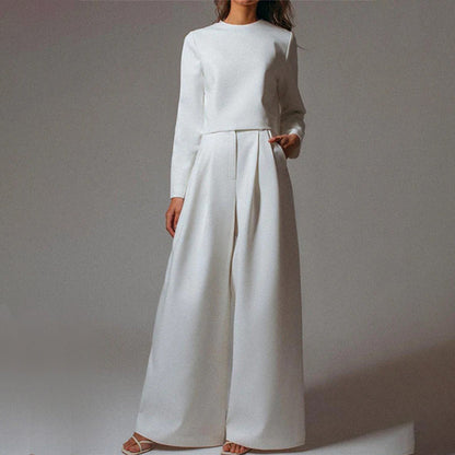 Women's palazzo trouser set with long-sleeve crew neck top in white