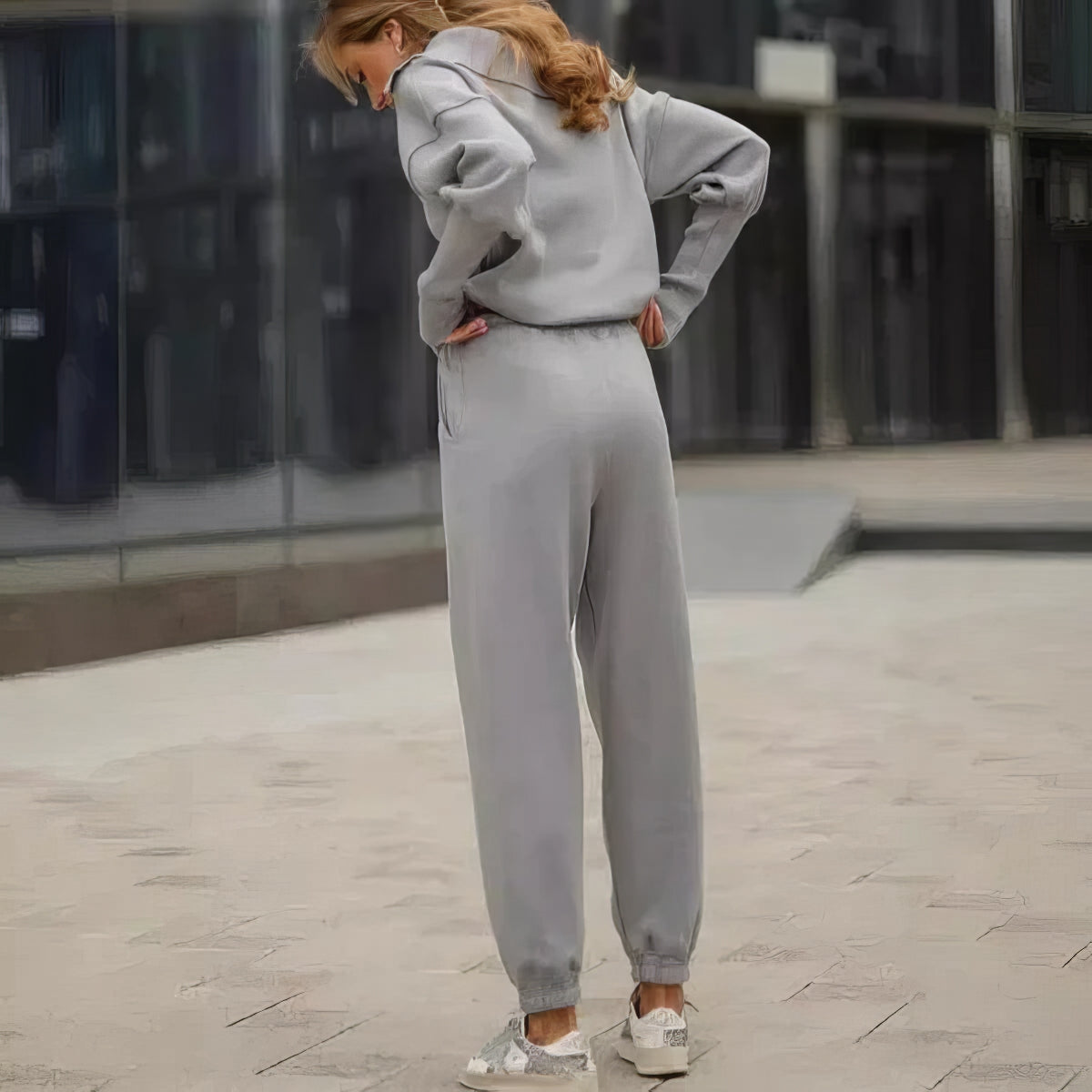 Women's ribbed lounge set in grey, full length view