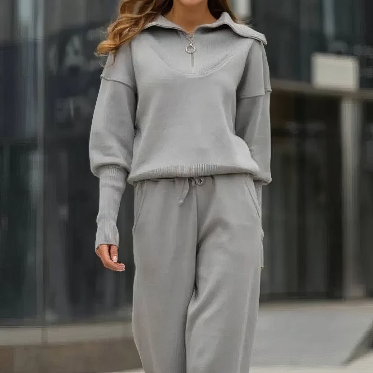 Women's ribbed lounge set with half-zip collar top and trousers in grey