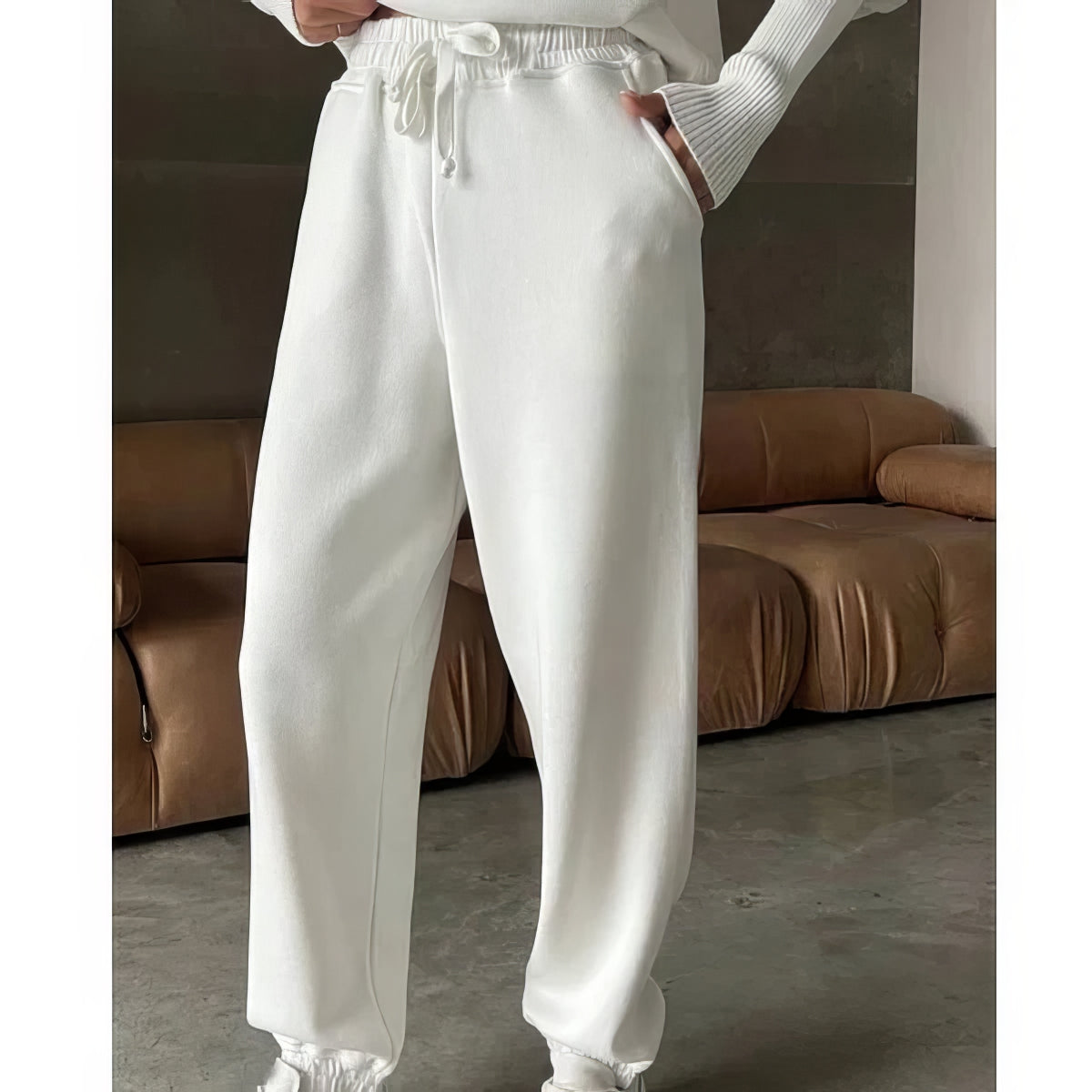Women's ribbed lounge set trousers in white
