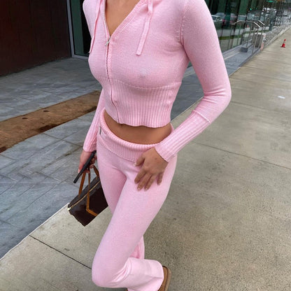 Women's ribbed lounge set with zip-front crop top and flared pants, additional view