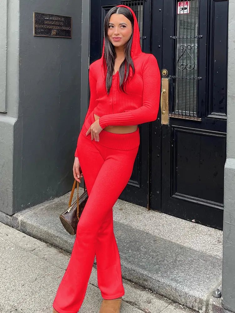 Women's ribbed lounge set with zip-front crop top and flared pants, additional view