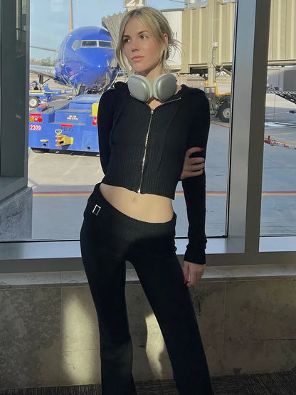 Women's ribbed lounge set with zip-front crop top and flared pants, additional view