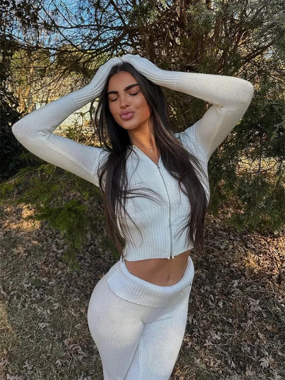 Women's ribbed lounge set with zip-front crop top and flared pants, additional view