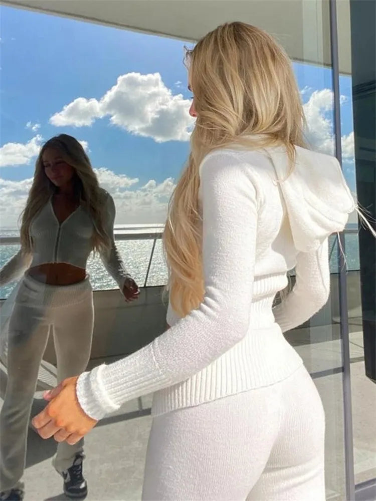 Women's ribbed lounge set with zip-front crop top and flared pants, additional view
