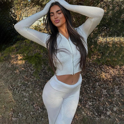 Women's ribbed lounge set with zip-front crop top and flared pants in white