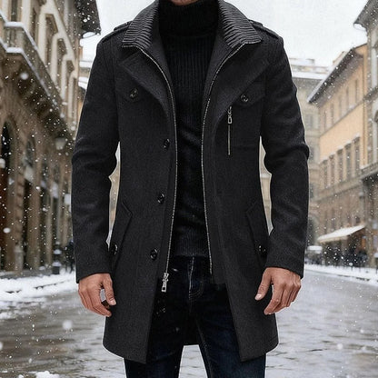 Sebastian men's wool overcoat in black, front view on model