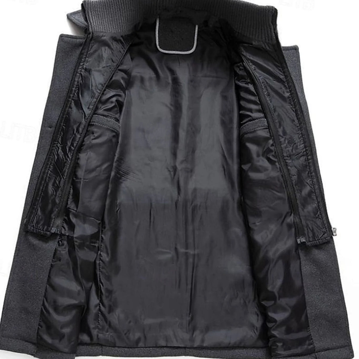 Sebastian men's wool overcoat in black, open view showing the inside