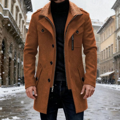 Sebastian men's wool overcoat in brown, front view on model