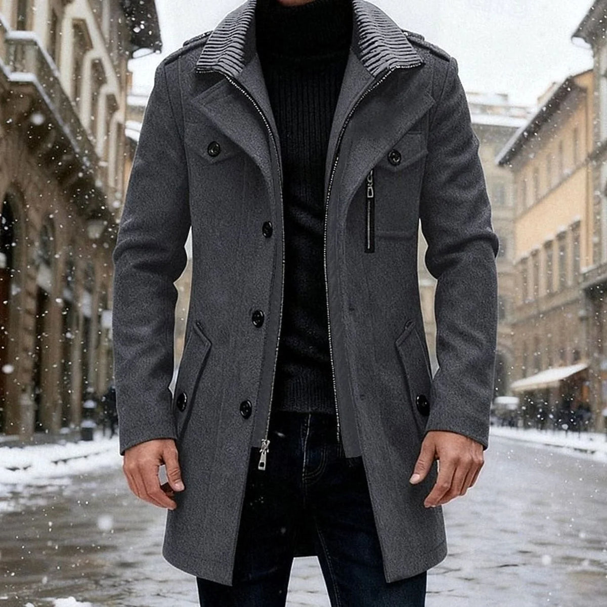 Sebastian men's wool overcoat in gray, front view on model