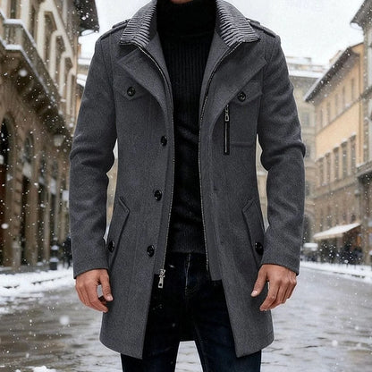 Sebastian men's wool overcoat in gray, front view on model