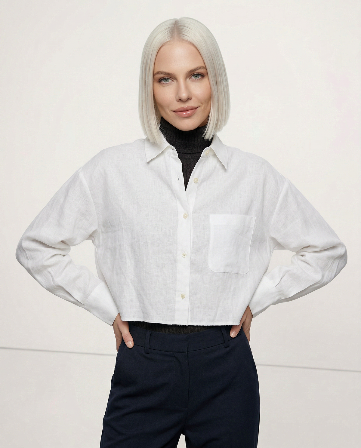 Verity cropped oversized shirt in white, front view hands on hips