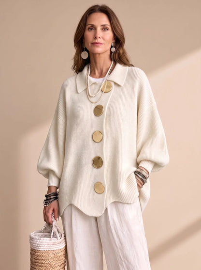 Victoria oversized knit cardigan in ivory white, front view on model