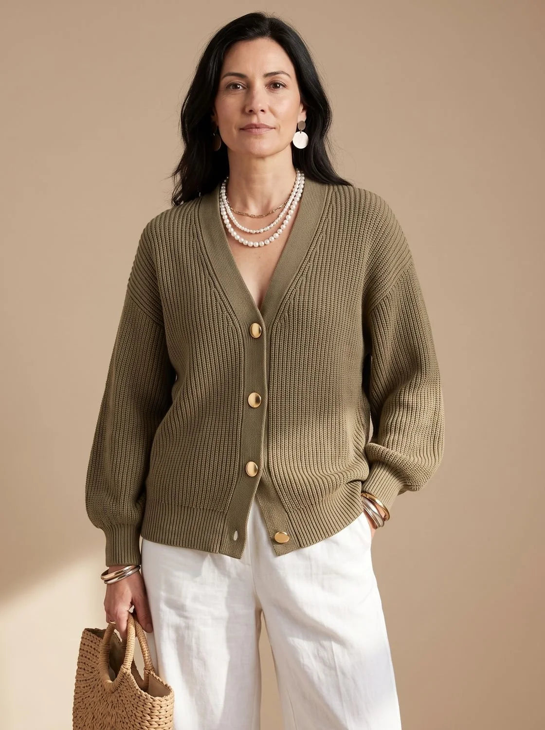 Victoria oversized knit cardigan in khaki, front view on model