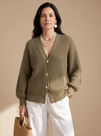 Victoria oversized knit cardigan in khaki, front view on model