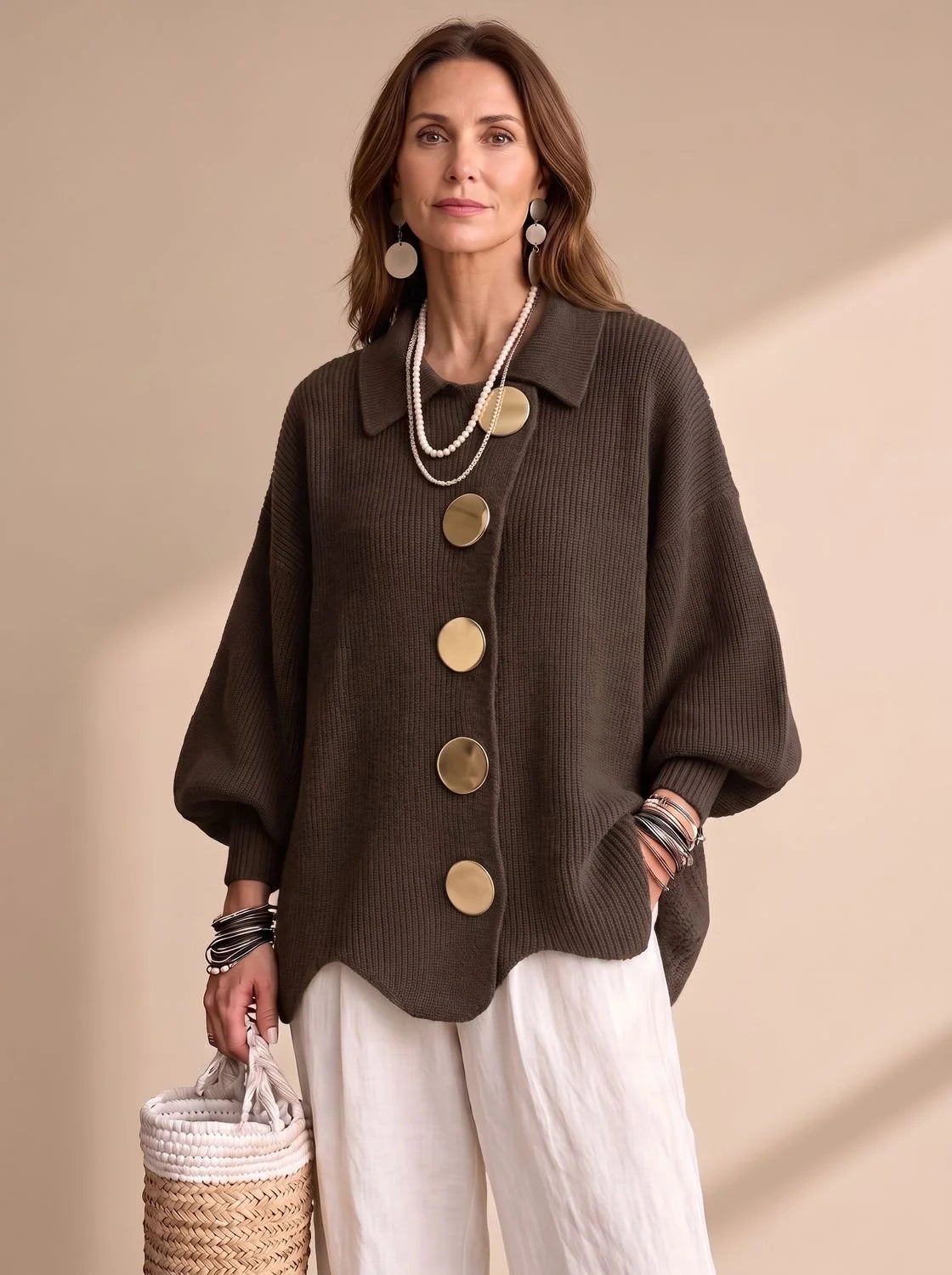 Victoria oversized knit cardigan in mocha, front view on model