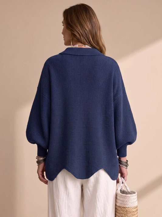 Victoria oversized knit cardigan in navy blue, back view on model