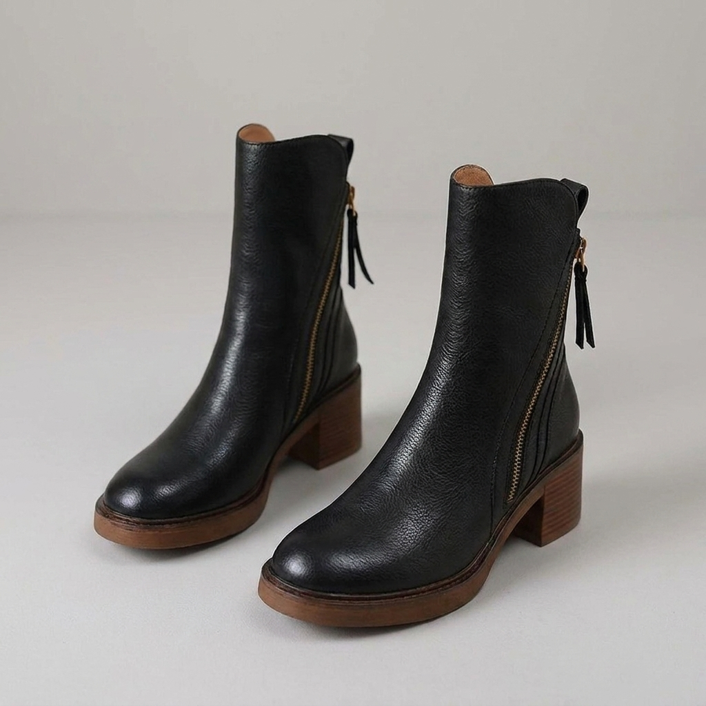 Women's black block heel ankle boots with zip, pair view